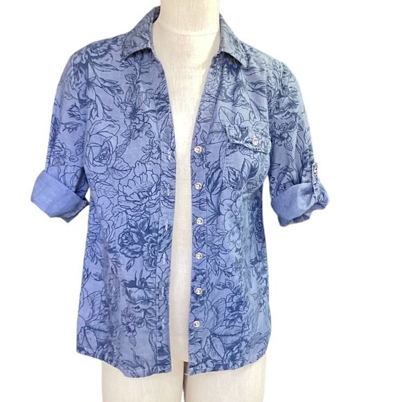 Karen Scott Button-Up Roll Tab Top 100% Cotton Floral Sz S Blue 142C - Picture 6 of 8